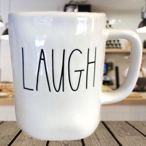NWT Rae Dunn LAUGH White Glossy Ceramic Coffee Mug Cup with Black lettering New